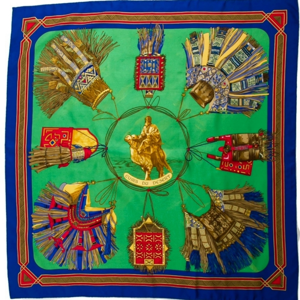 HERMÈS Cuirs du Desert Silk Twill Scarf 90cm Green/Blue